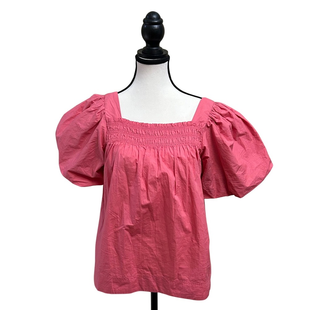 Maeve Anthropologie Puff‎ Sleeve Square Neck Smocked Top - XS Coral Pink